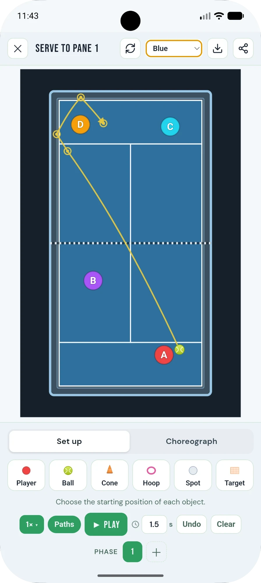 CoachOn Padel Drill Creator with players, a cone and animated ball paths on a padel court