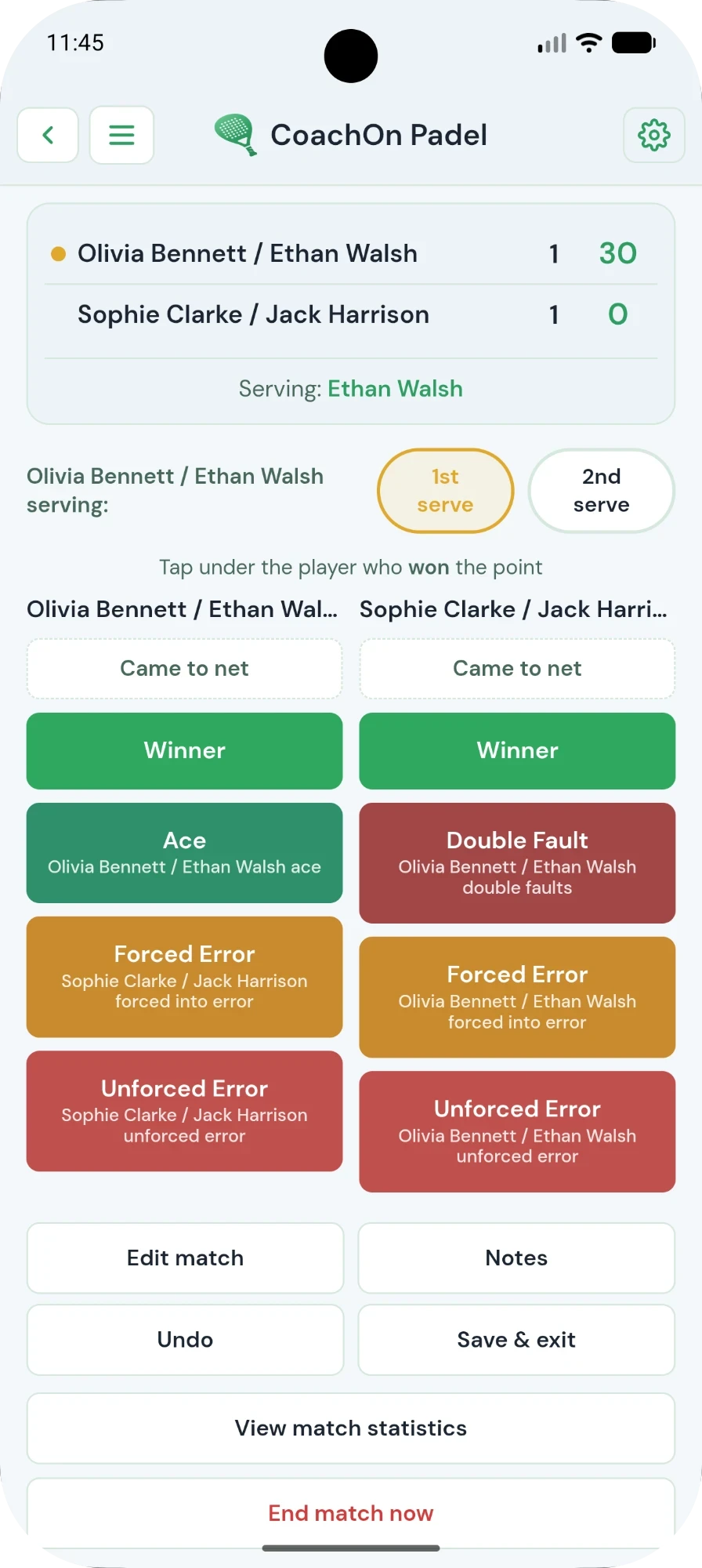 CoachOn Padel match charting — a doubles scoreboard with point-outcome buttons