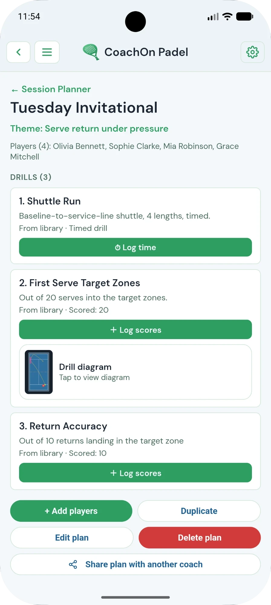 CoachOn Padel Session Planner showing a themed plan with three drills