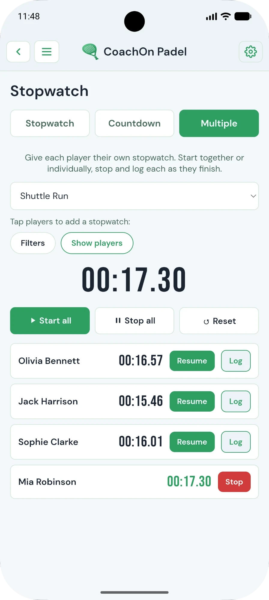 CoachOn Padel multiple-stopwatch screen timing four players at once
